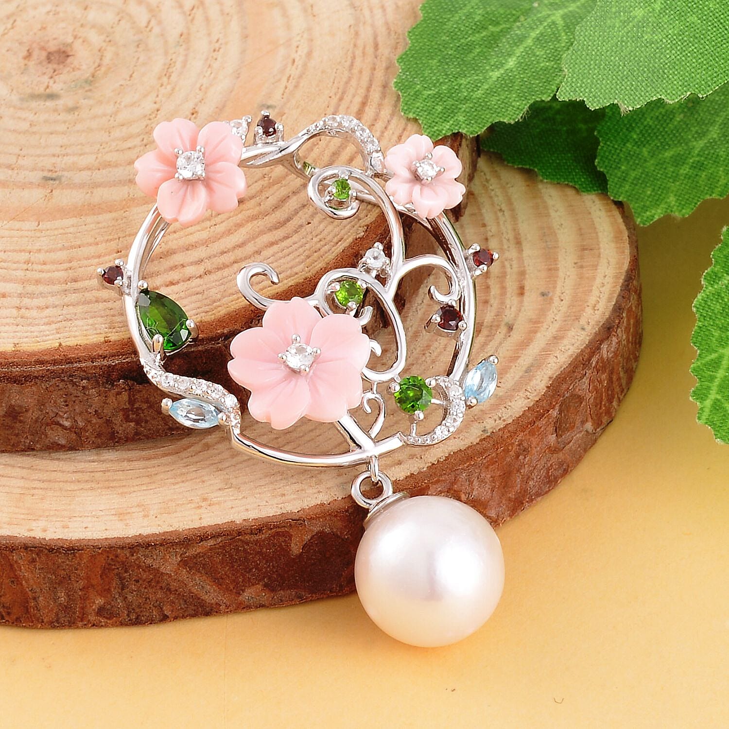 Edison Pearl, Pink Mother Of Pearl & Multi Gemstone Pendant in Rhodium Overlay Sterling Silver 5.58 Ct.