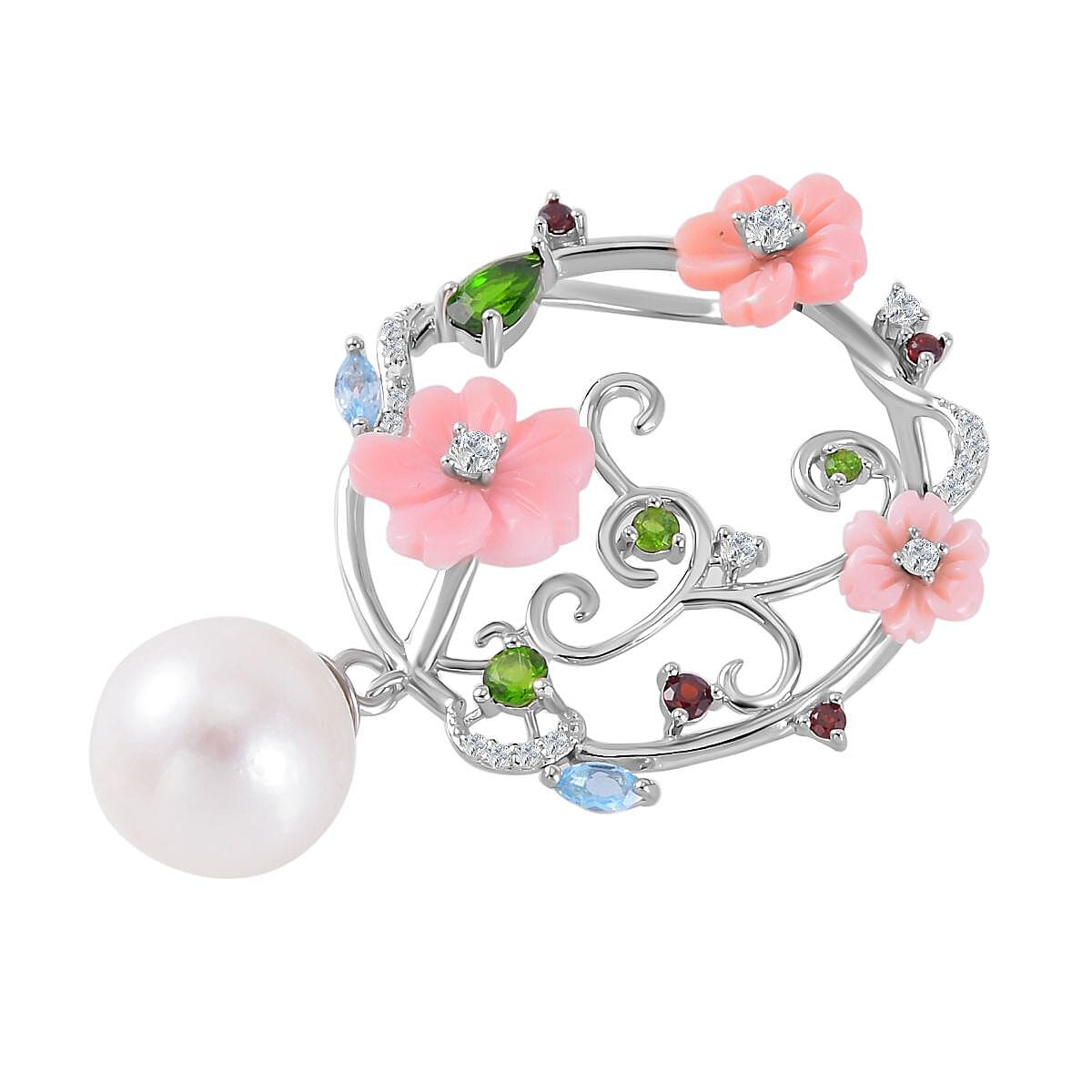 Edison Pearl, Pink Mother Of Pearl & Multi Gemstone Pendant in Rhodium Overlay Sterling Silver 5.58 Ct.