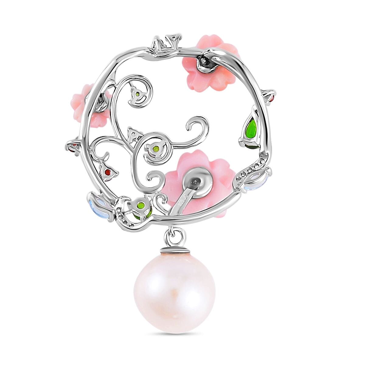 Edison Pearl, Pink Mother Of Pearl & Multi Gemstone Pendant in Rhodium Overlay Sterling Silver 5.58 Ct.