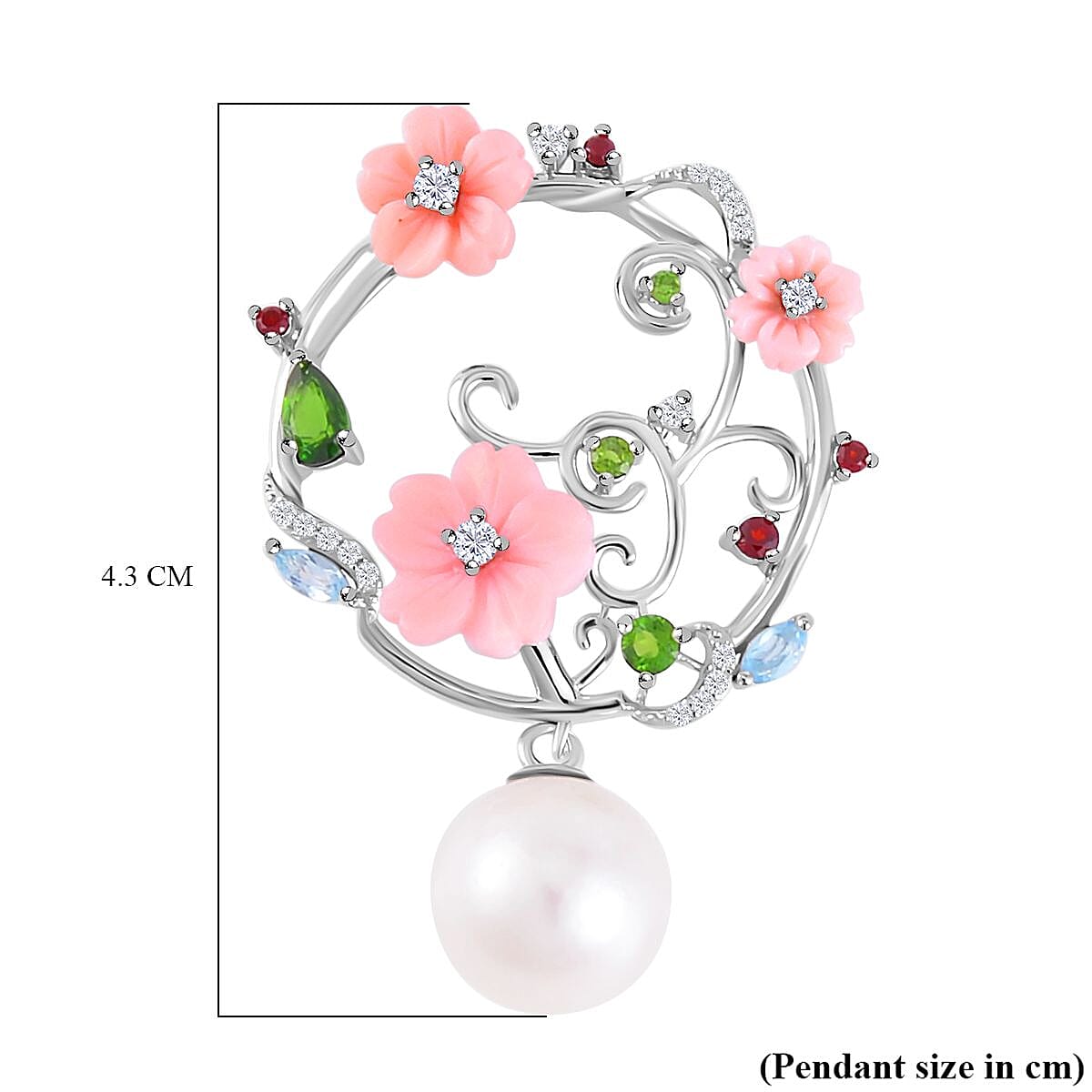 Edison Pearl, Pink Mother Of Pearl & Multi Gemstone Pendant in Rhodium Overlay Sterling Silver 5.58 Ct.