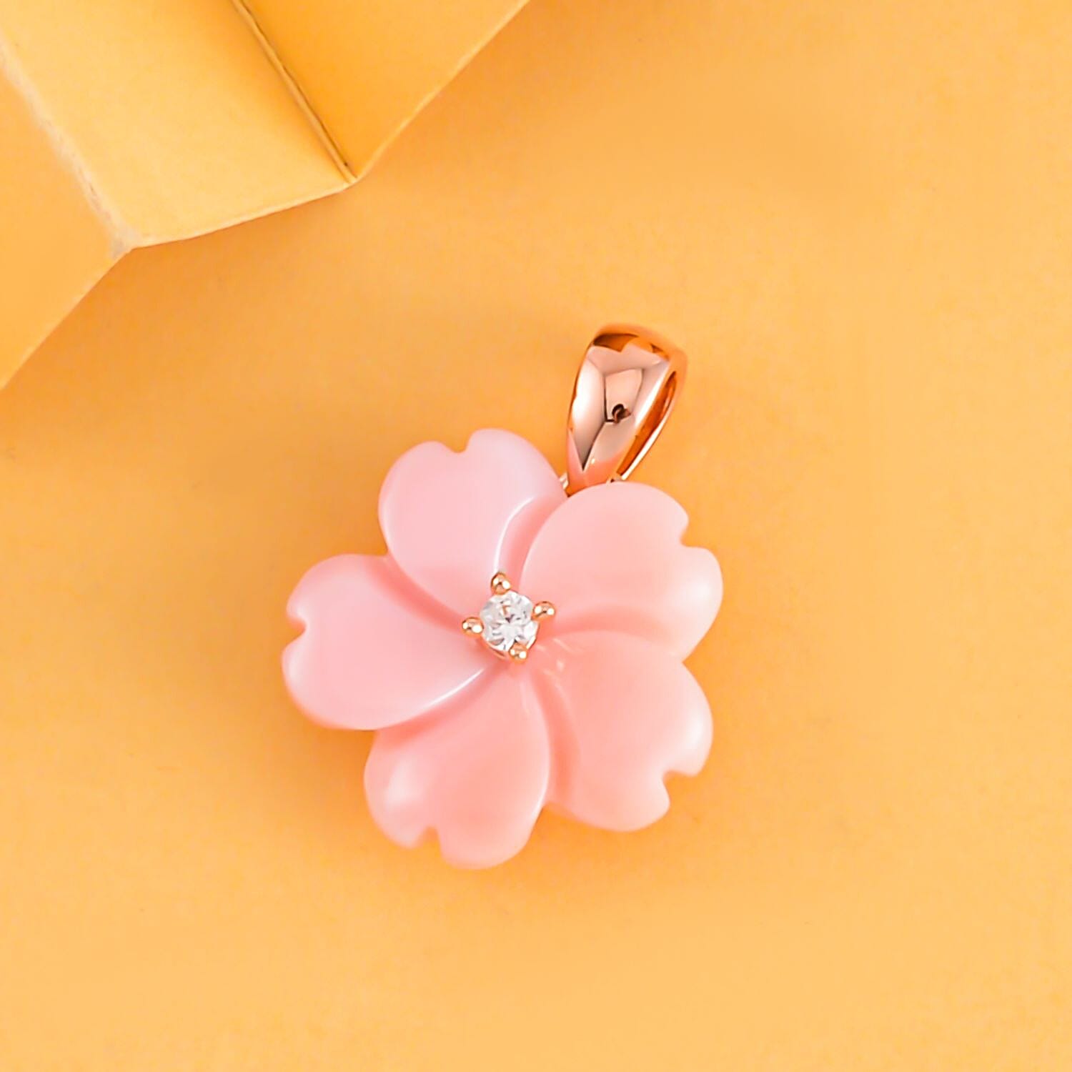 Pink Mother Of Pearl & Natural Zircon Floral Pendant in 18K Vermeil Rose Gold Plated Sterling Silver 3.52 Ct.