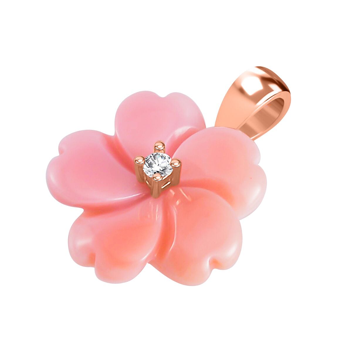 Pink Mother Of Pearl & Natural Zircon Floral Pendant in 18K Vermeil Rose Gold Plated Sterling Silver 3.52 Ct.
