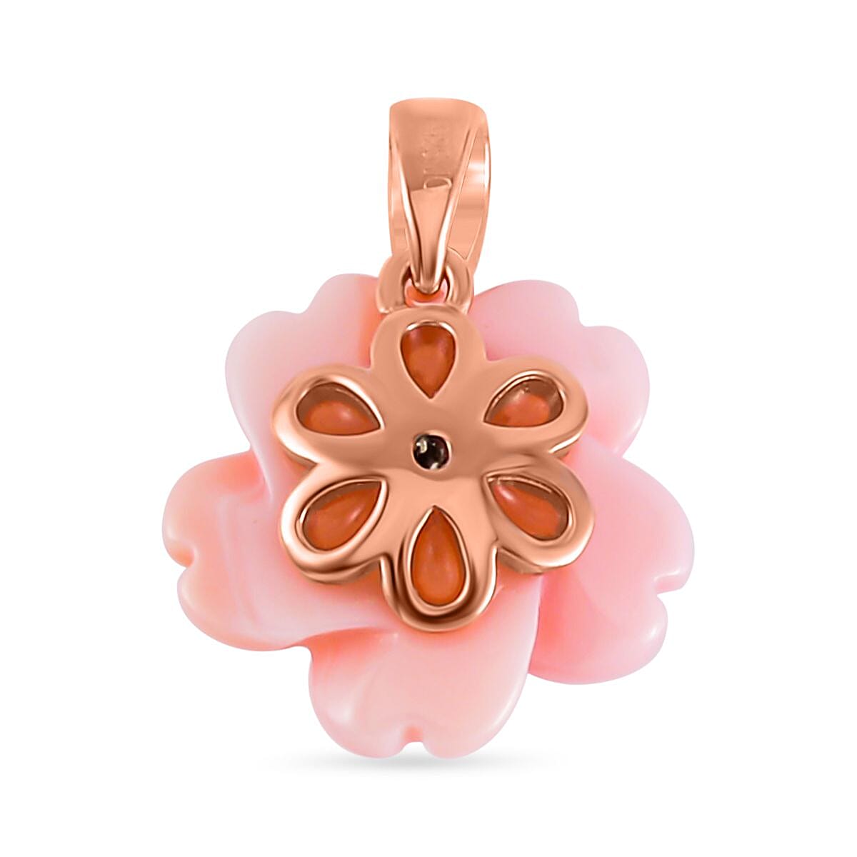 Pink Mother Of Pearl & Natural Zircon Floral Pendant in 18K Vermeil Rose Gold Plated Sterling Silver 3.52 Ct.