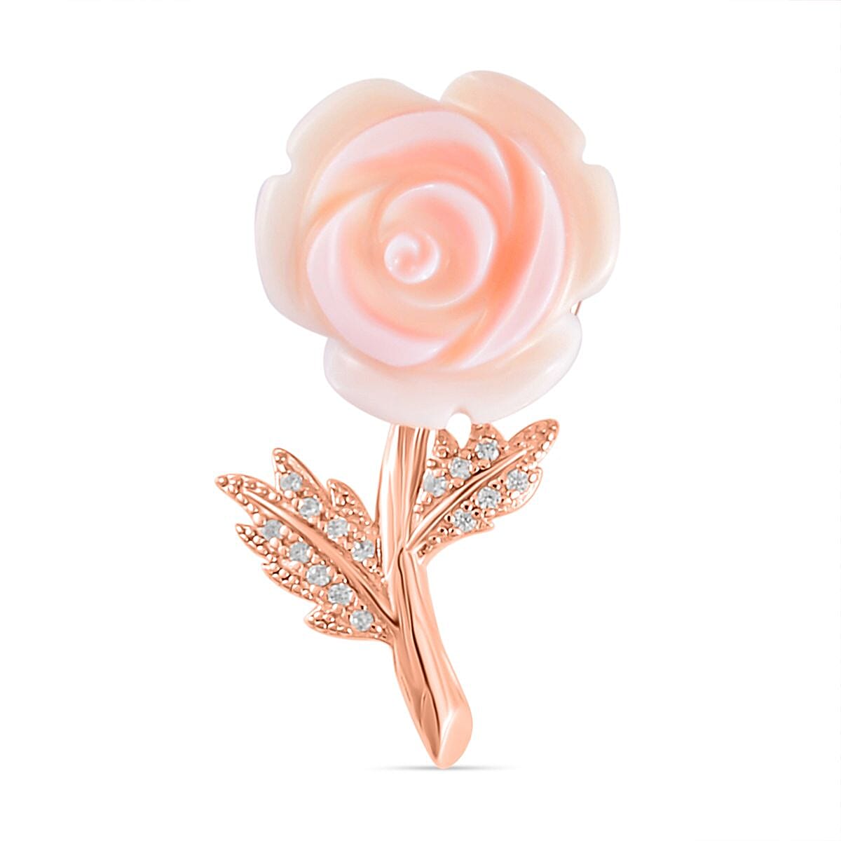 Carved Pink Mother Of Pearl & Natural Zircon Floral Pendant in 18K Vermeil Rose Gold Plated Sterling Silver 9.37 Ct.