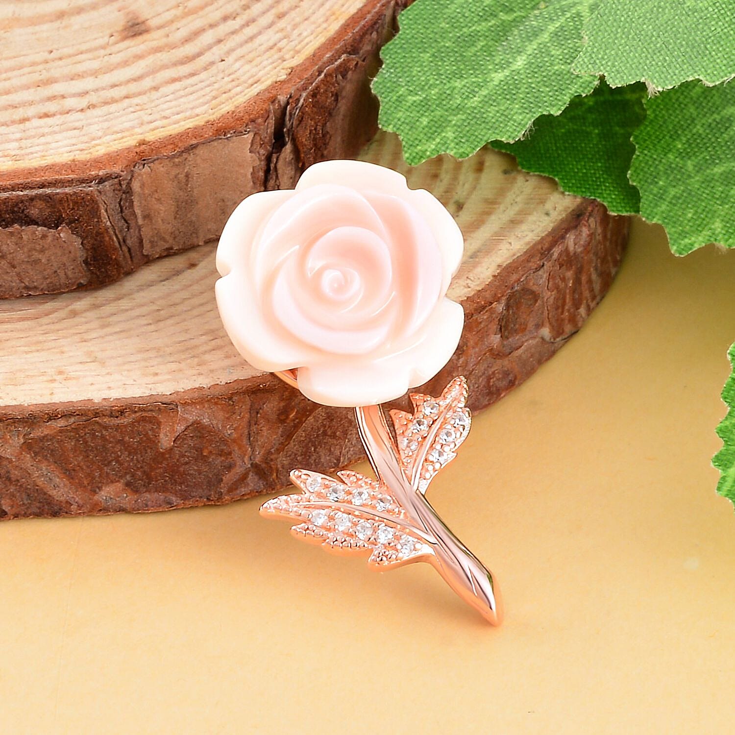 Carved Pink Mother Of Pearl & Natural Zircon Floral Pendant in 18K Vermeil Rose Gold Plated Sterling Silver 9.37 Ct.