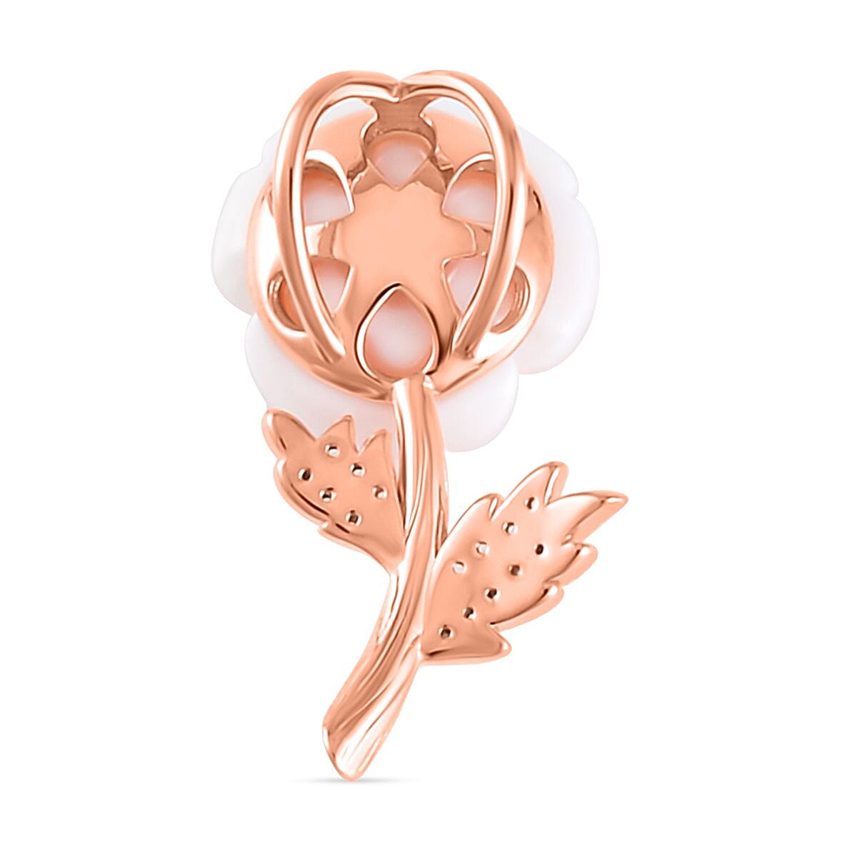 Carved Pink Mother Of Pearl & Natural Zircon Floral Pendant in 18K Vermeil Rose Gold Plated Sterling Silver 9.37 Ct.