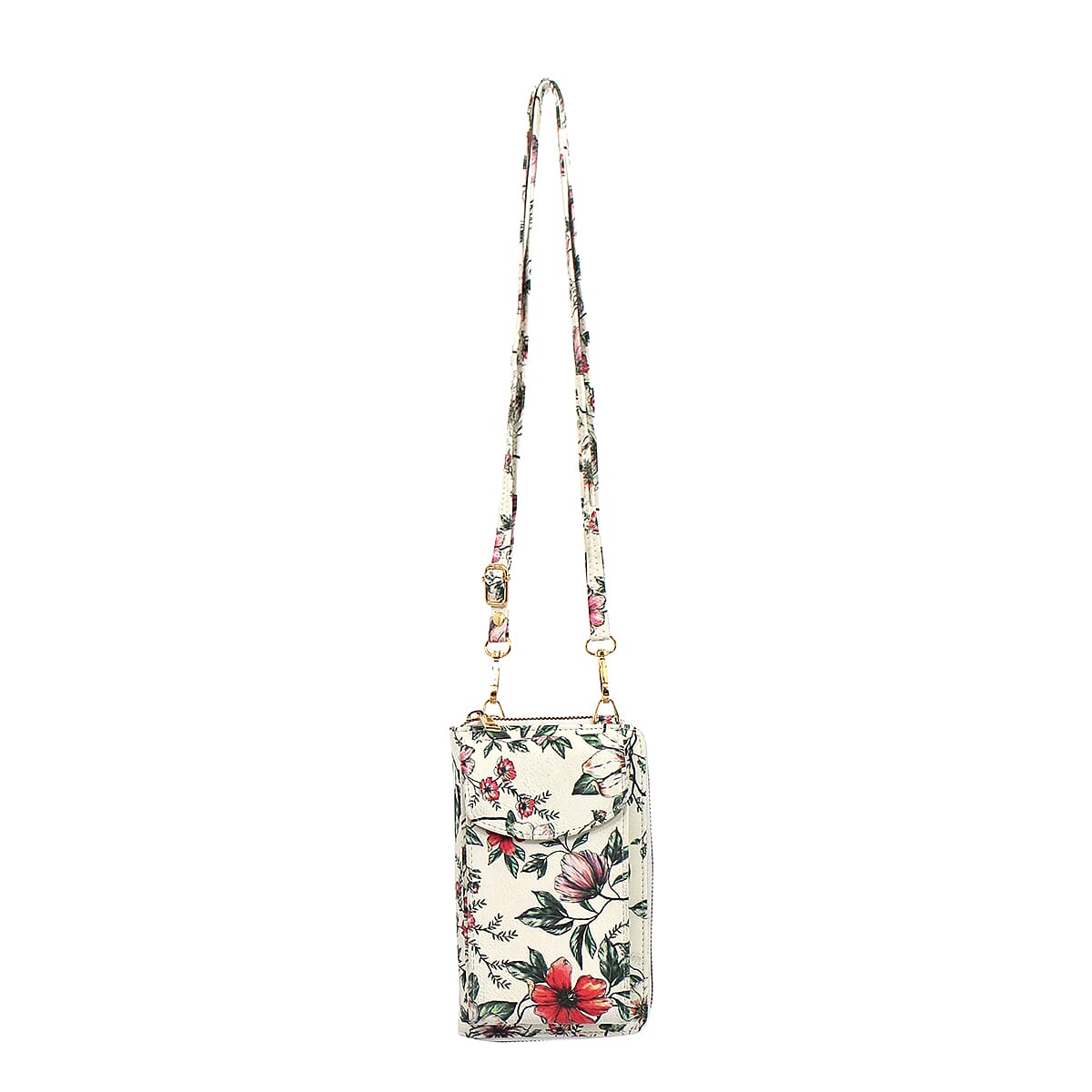 Designer Inspired-Floral Pattern Crossbody Phone Handbag with Shoulder Strap - White