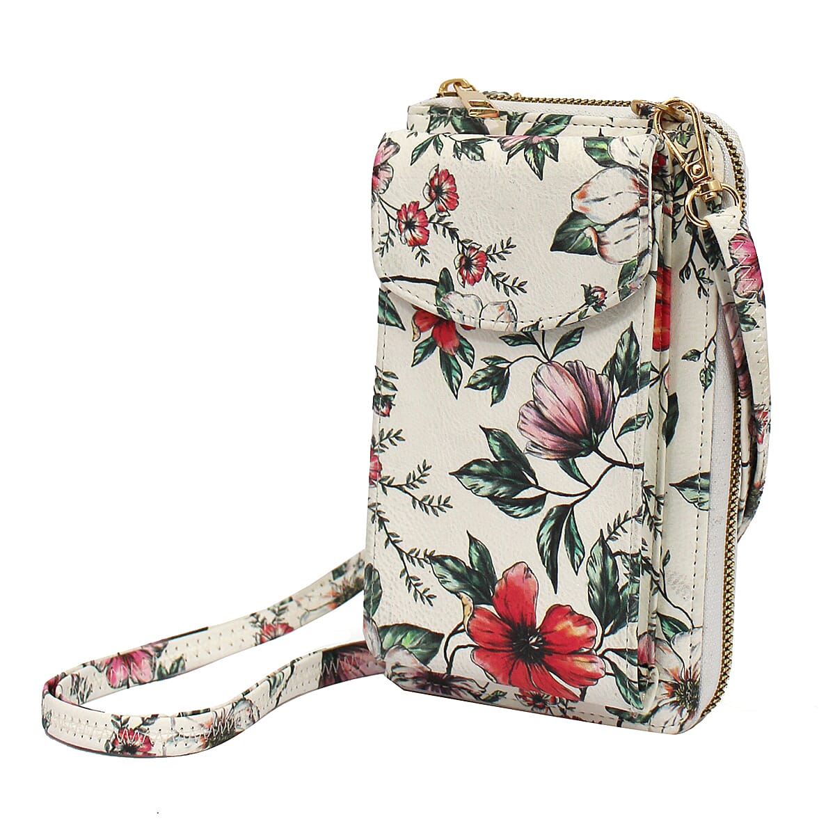 Designer Inspired-Floral Pattern Crossbody Phone Handbag with Shoulder Strap - White