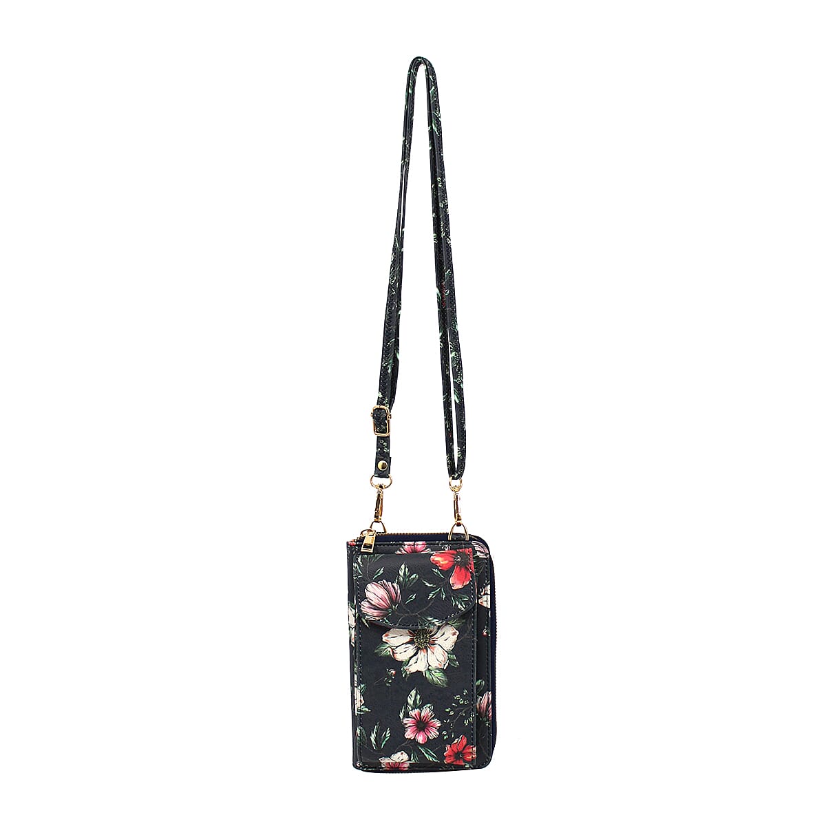 Designer Inspired- Floral Pattern Crossbody Phone Handbag with Shoulder Strap - Navy