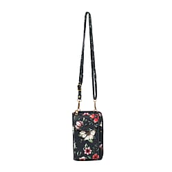 Designer Inspired- Floral Pattern Crossbody Phone Handbag with Shoulder Strap - Navy