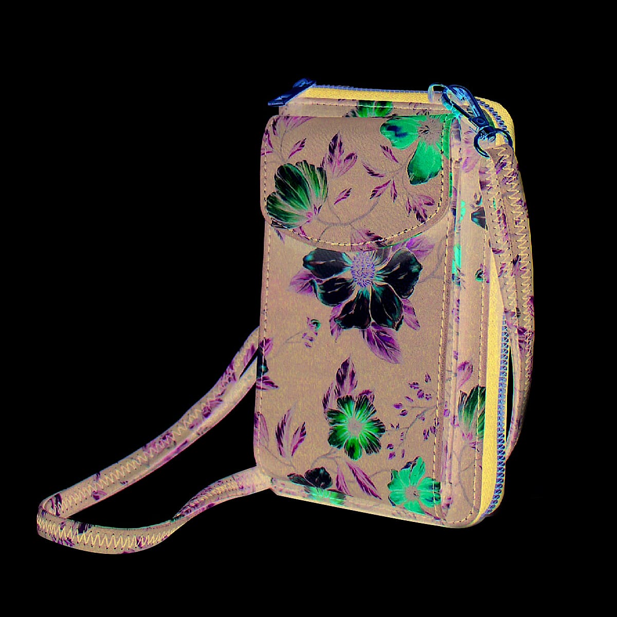 Designer Inspired- Floral Pattern Crossbody Phone Handbag with Shoulder Strap - Navy