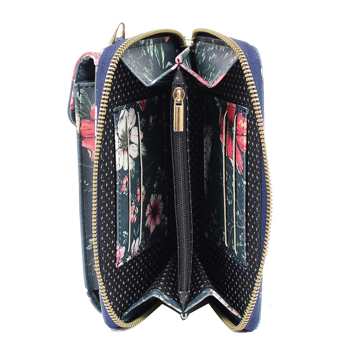 Designer Inspired- Floral Pattern Crossbody Phone Handbag with Shoulder Strap - Navy