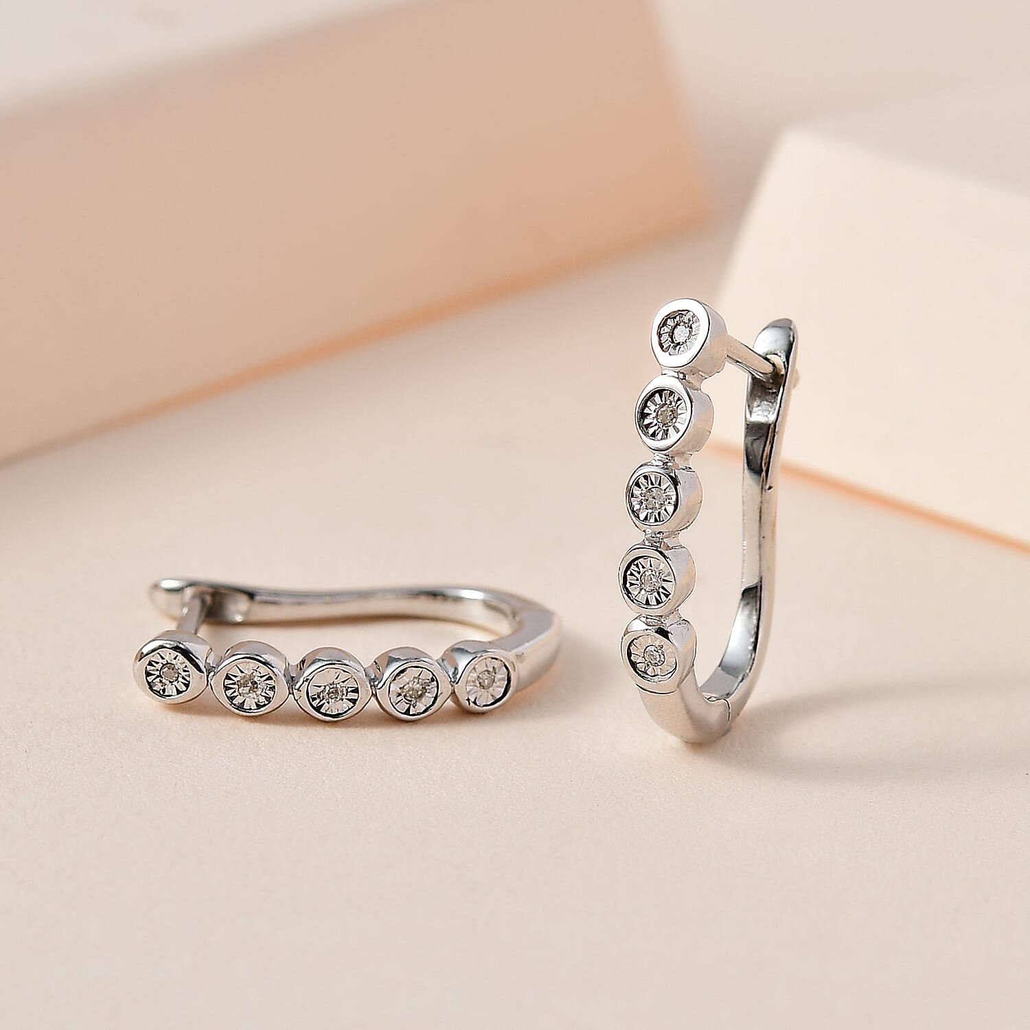 One Time Close Out Deal - Diamond Earrings with Clasp in Platinum Overlay Sterling Silver