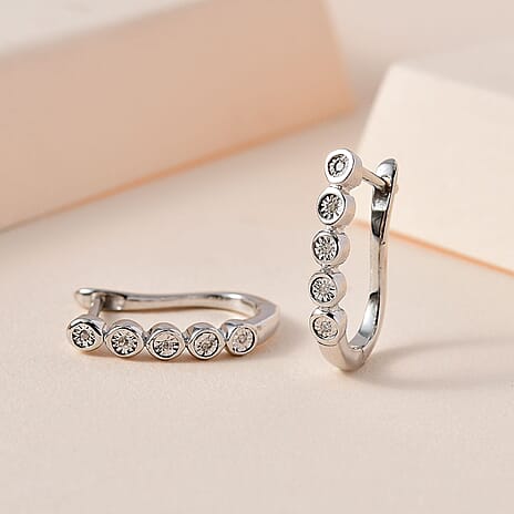 One Time Close Out Deal - Diamond Clasp Earrings in Platinum Overlay Sterling Silver