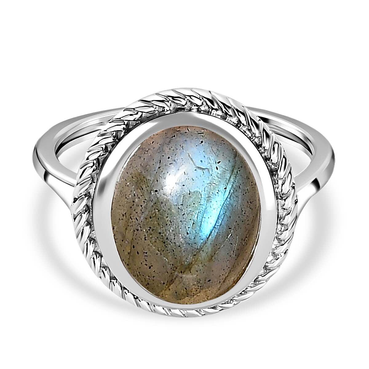 Labradorite Solitaire Ring in Platinum Overlay Sterling Silver 5.25 Ct