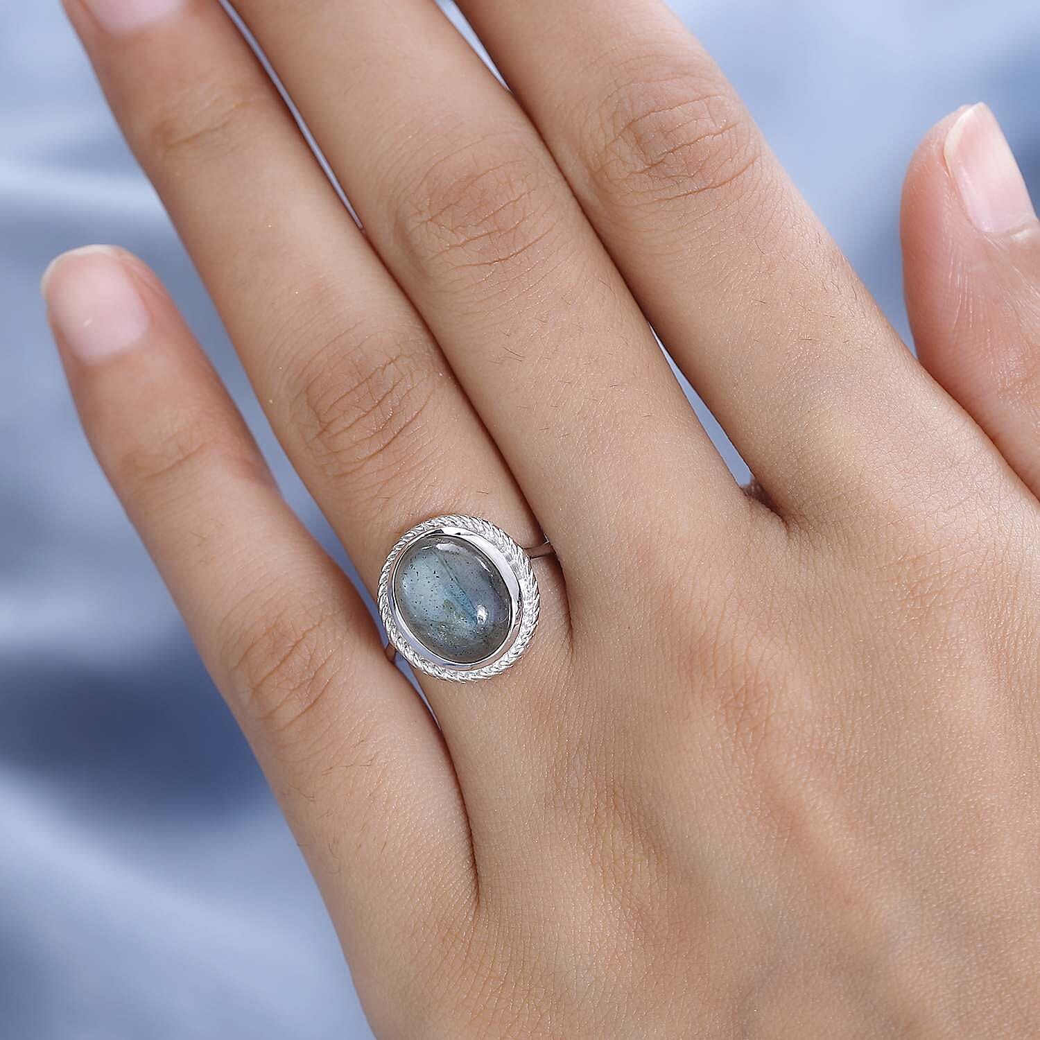Labradorite Solitaire Ring in Platinum Overlay Sterling Silver 5.25 Ct