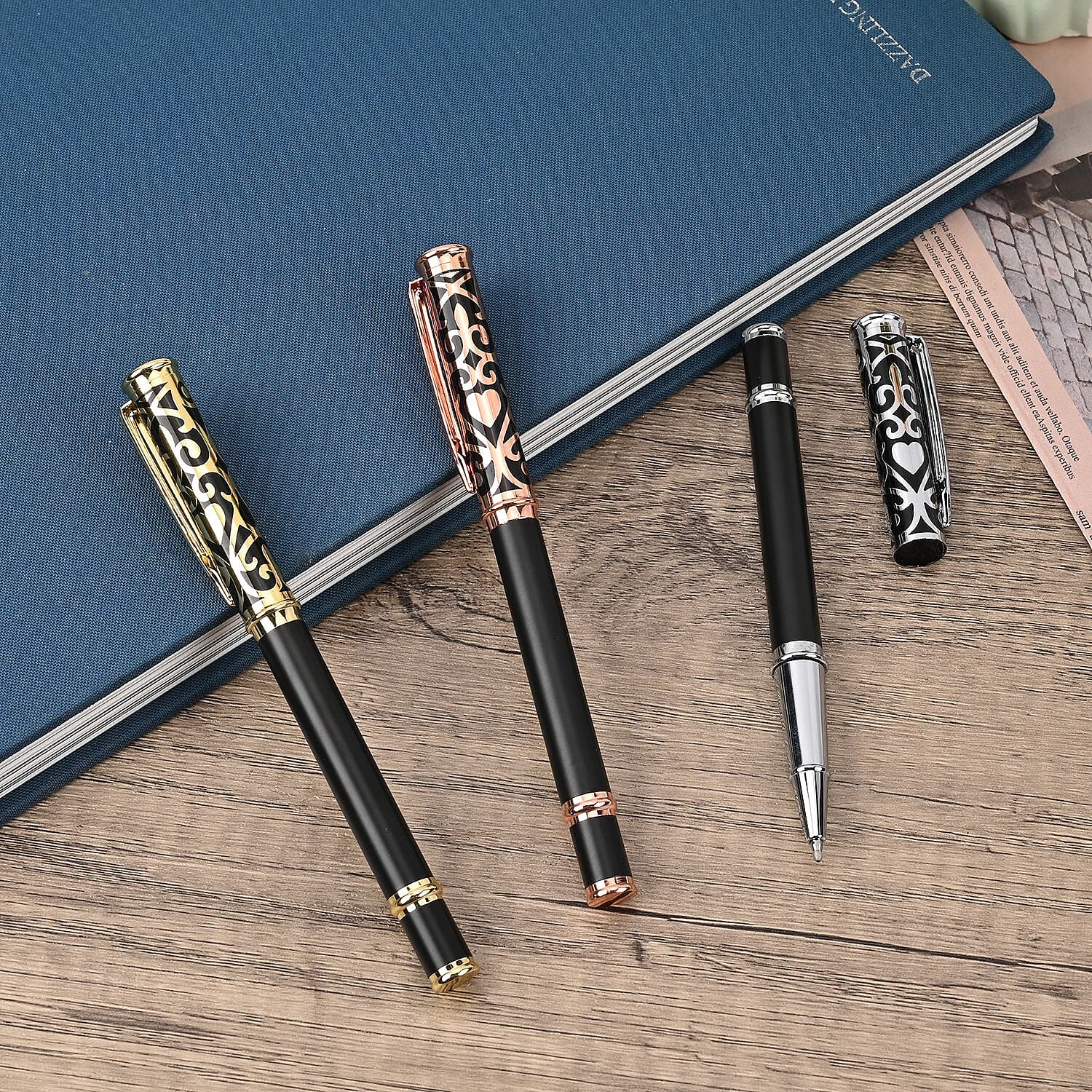 Set of 3 Ball Point Pen in Rose Gold, Yellow Gold & Silver Tone - Black