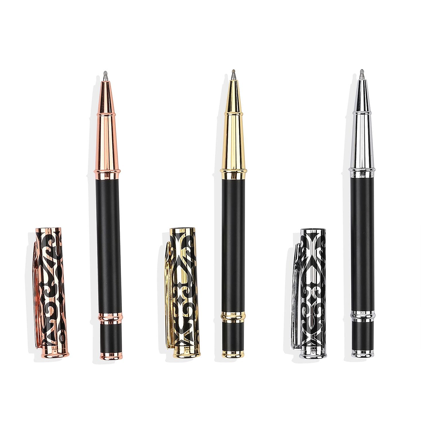 Set of 3 Ball Point Pen in Rose Gold, Yellow Gold & Silver Tone - Black
