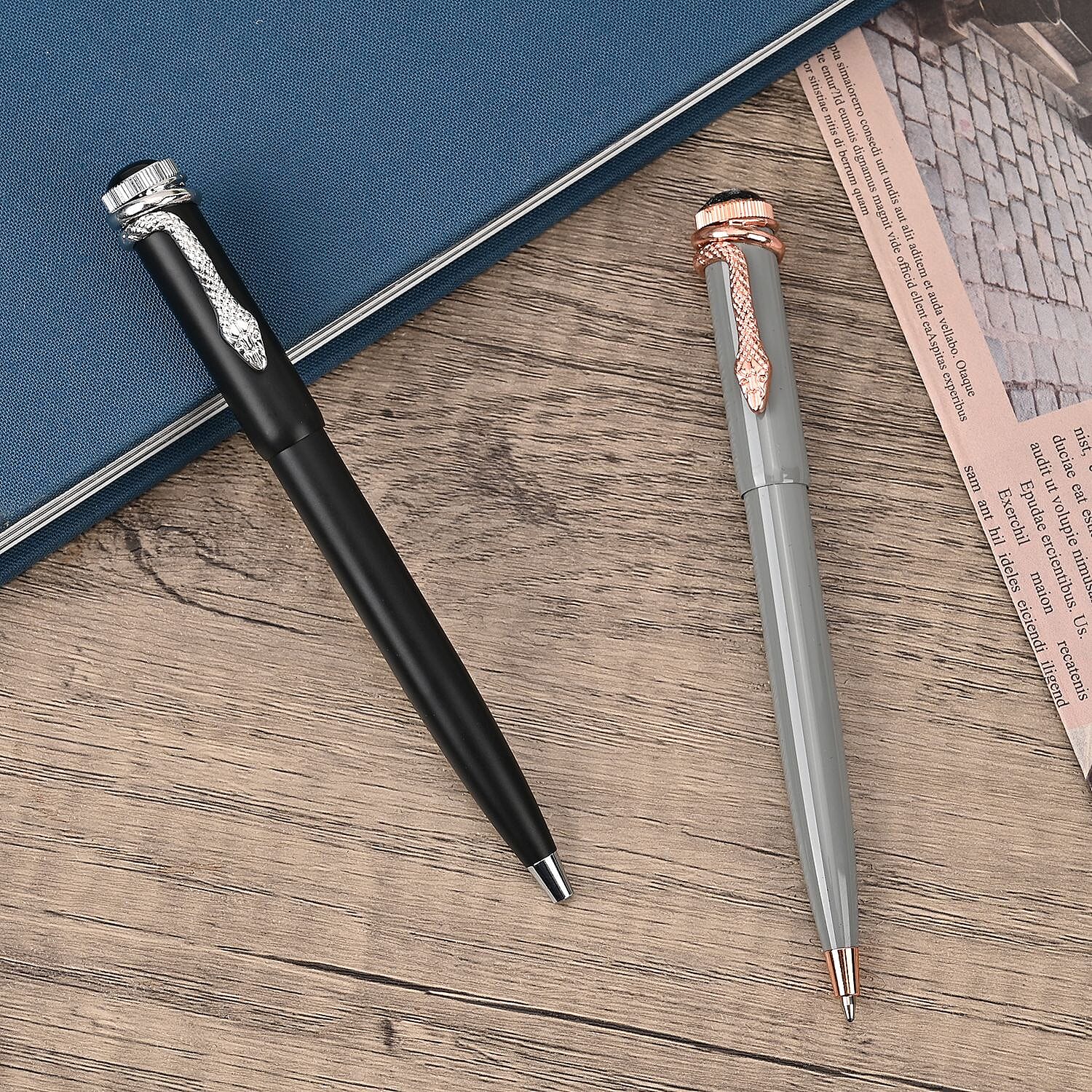 Designer Inspired Collection - Set of 2 Snake Clip Ball Point Pen - Grey & Black