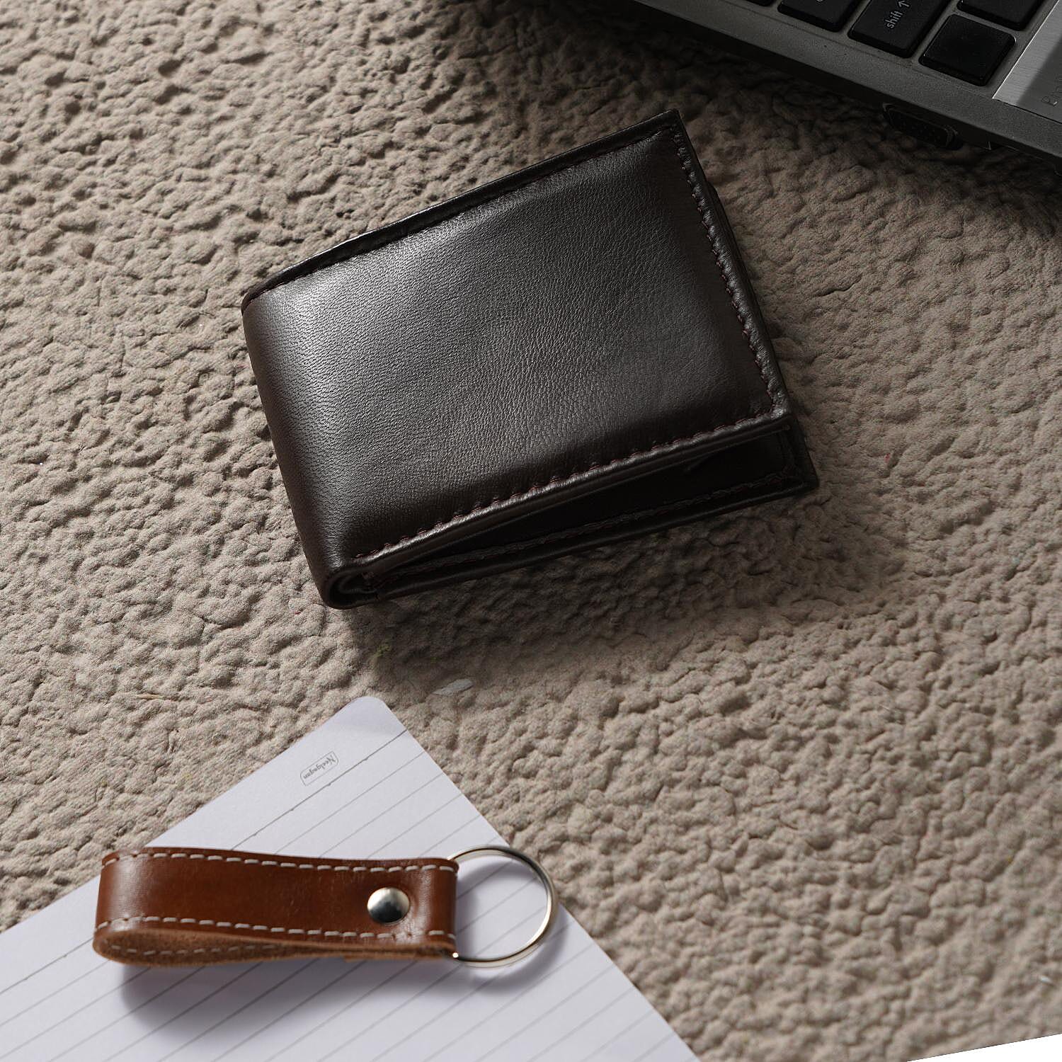 2 Piece Set - 100% Genuine Leather Mens Wallet and Keychain - Brown