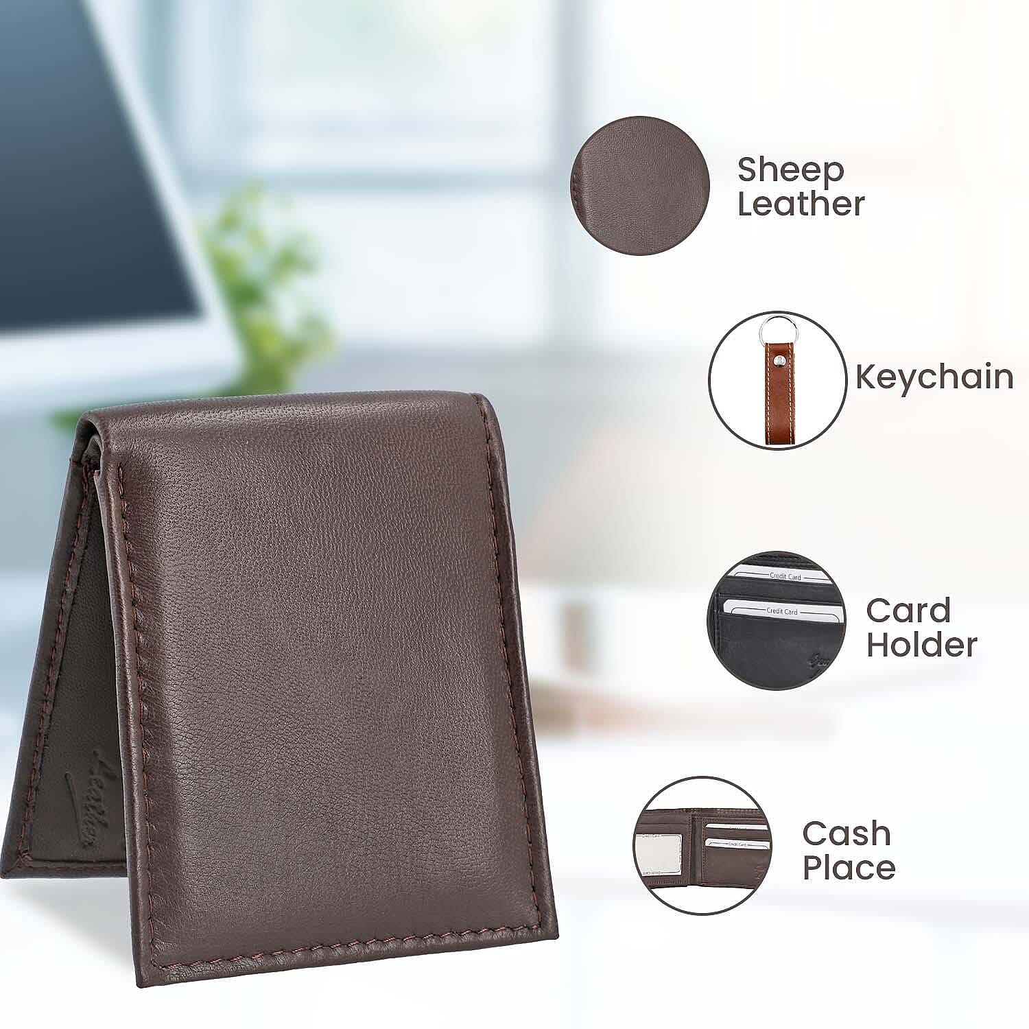 2 Piece Set - 100% Genuine Leather Mens Wallet and Keychain - Brown