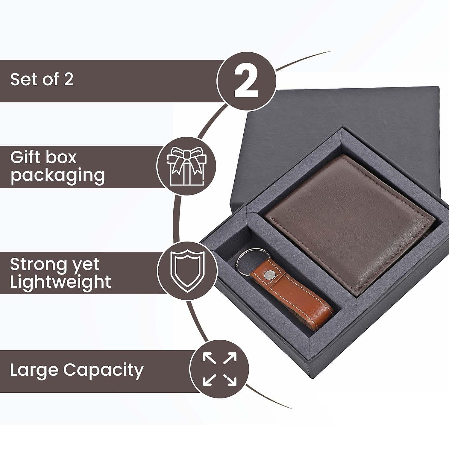 2 Piece Set - 100% Genuine Leather Mens Wallet and Keychain - Brown