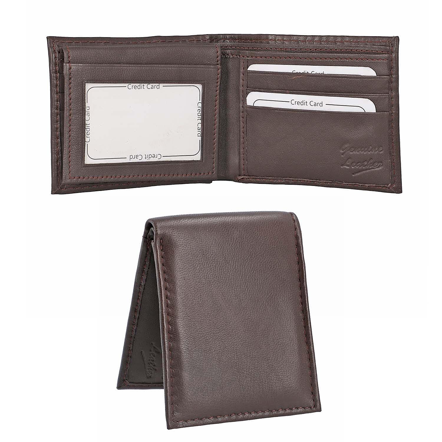 2 Piece Set - 100% Genuine Leather Mens Wallet and Keychain - Brown
