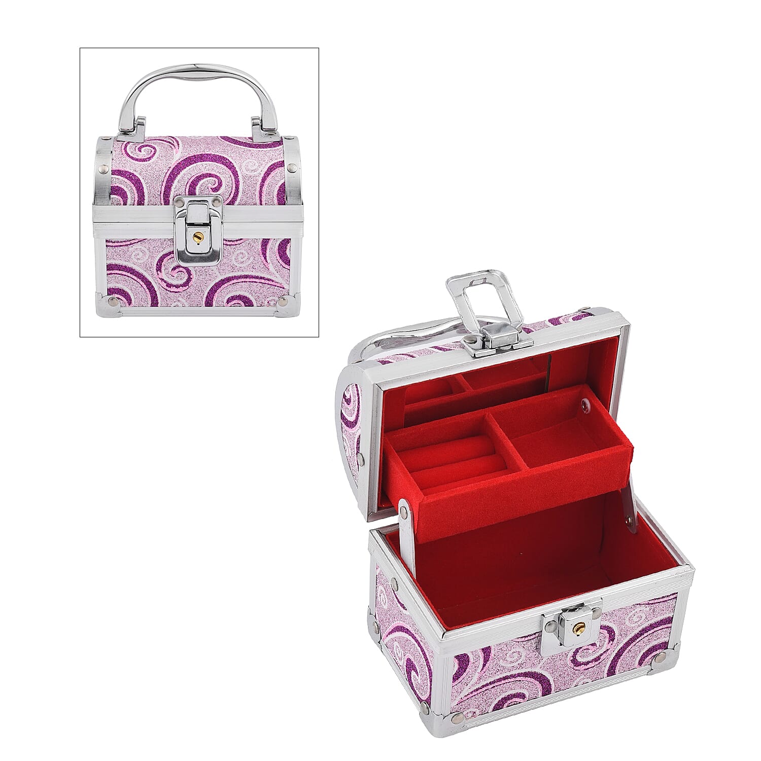 2 Layer Heart Pattern Aluminium Jewellery Organiser with Handle Lock and Inside Mirror - Purple