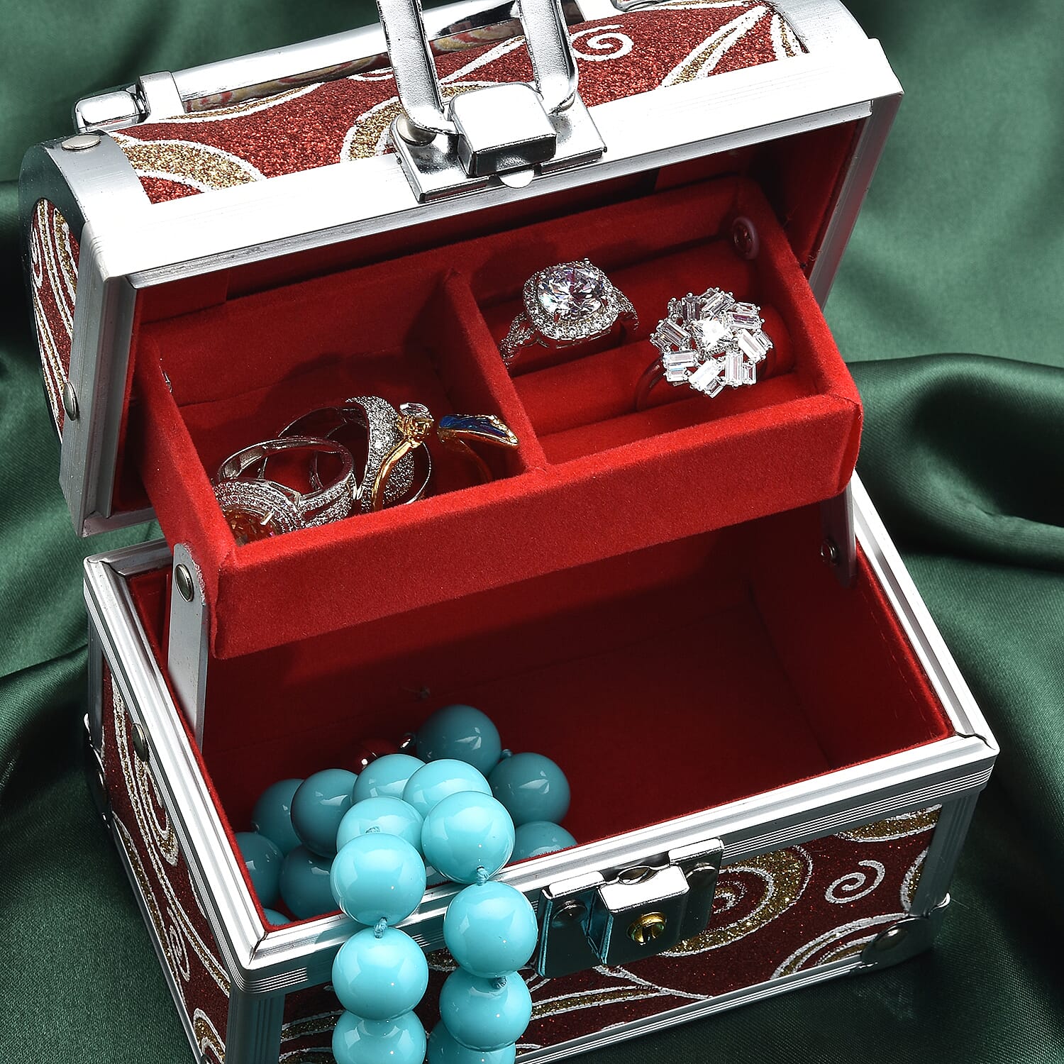 2 Layer Heart Pattern Aluminium Jewellery Organiser with Handle Lock and Inside Mirror - Purple