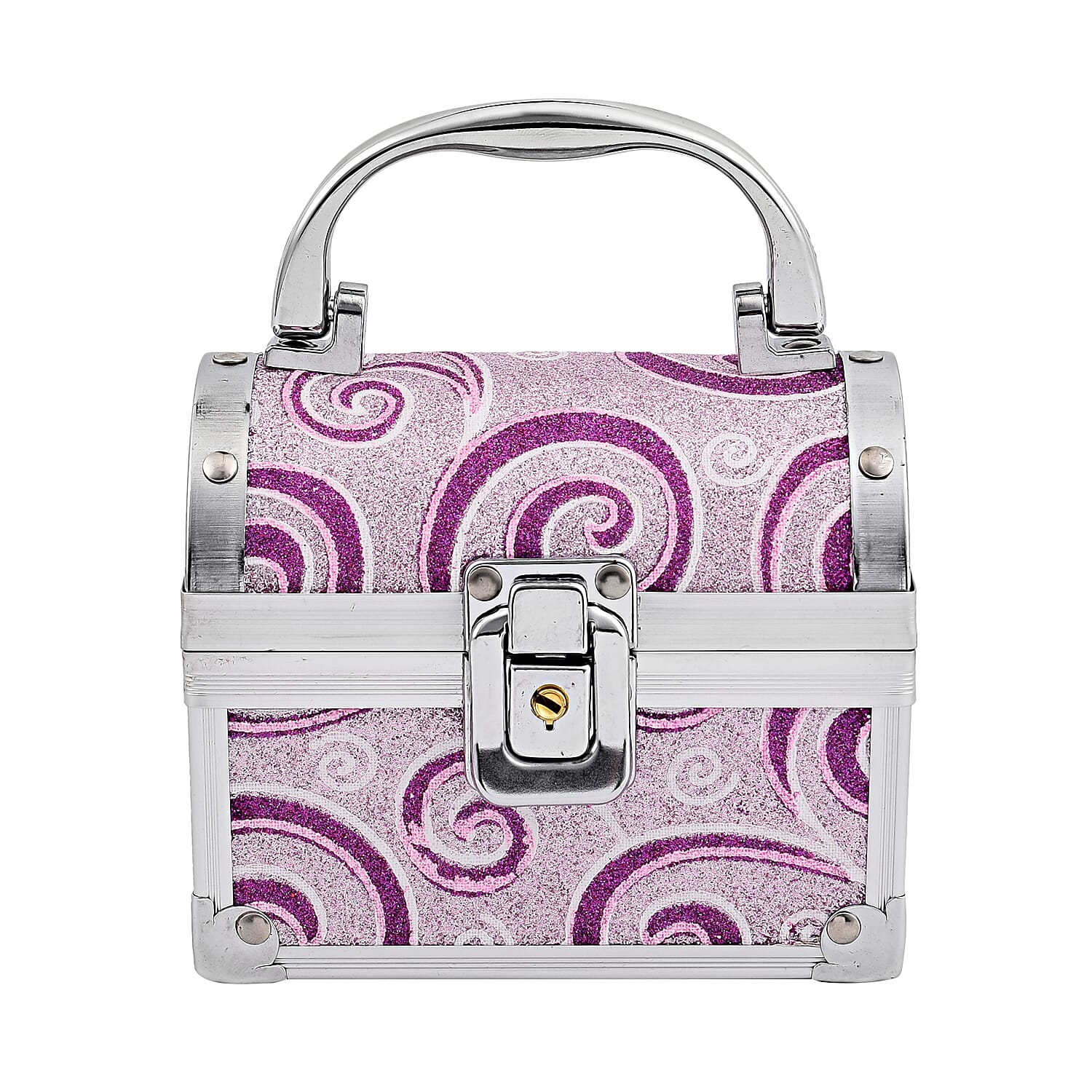 2 Layer Heart Pattern Aluminium Jewellery Organiser with Handle Lock and Inside Mirror - Purple