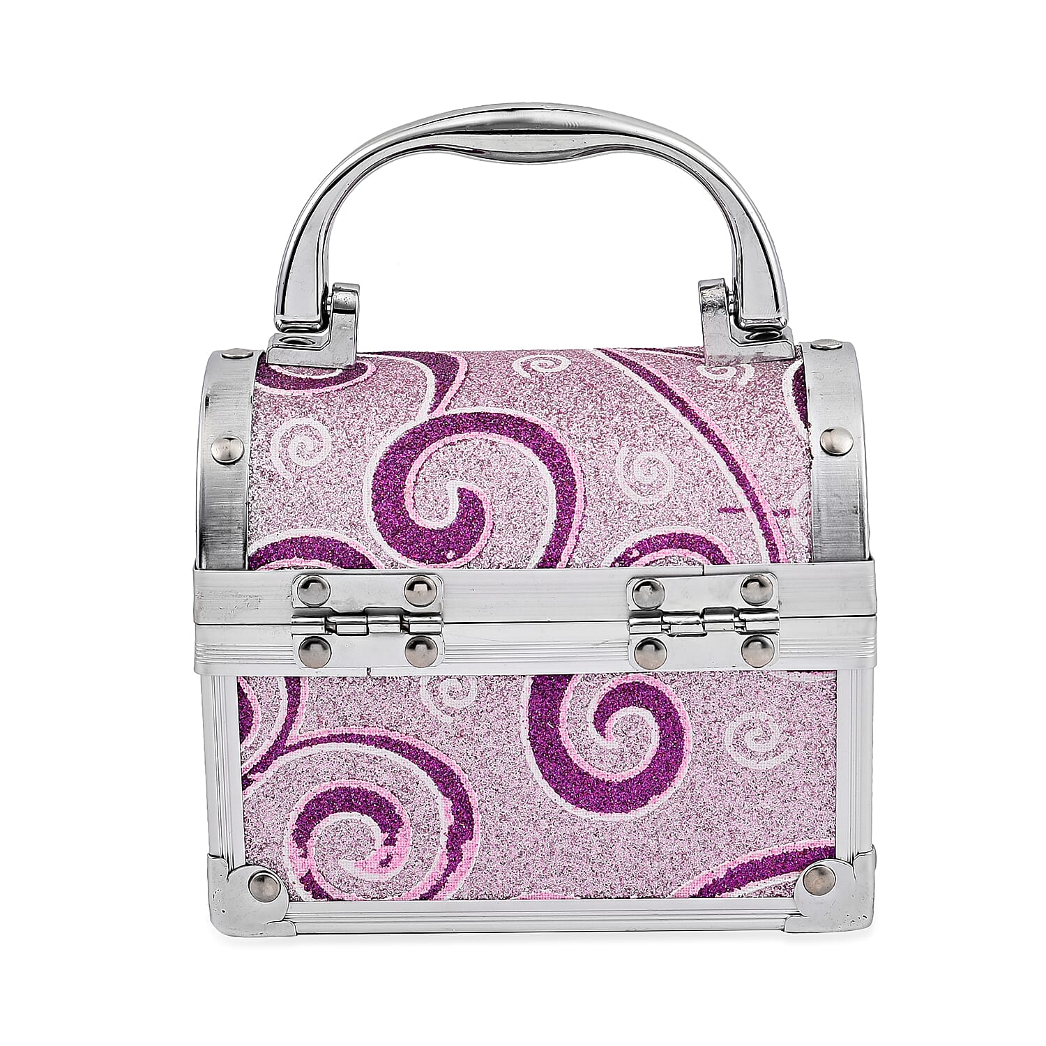 2 Layer Heart Pattern Aluminium Jewellery Organiser with Handle Lock and Inside Mirror - Purple