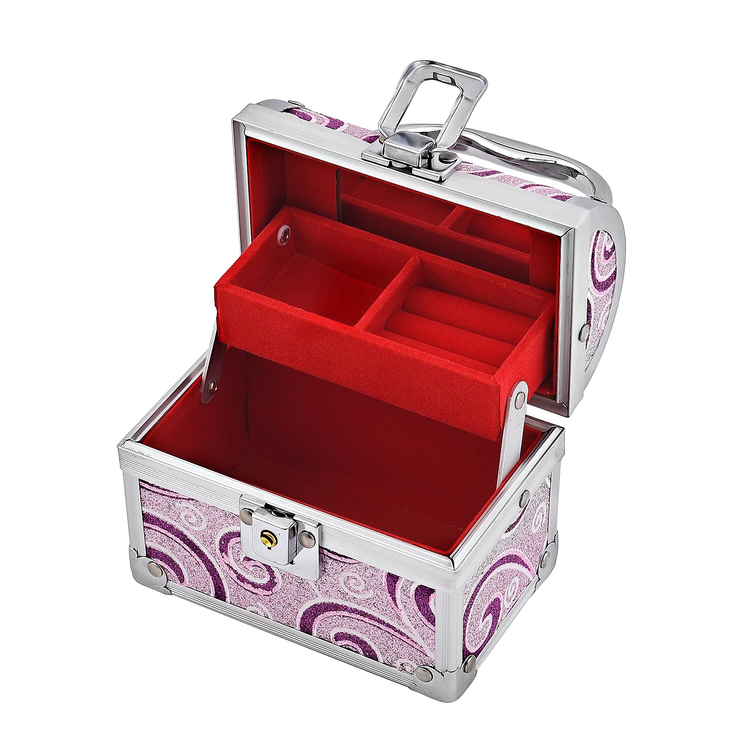 2 Layer Heart Pattern Aluminium Jewellery Organiser with Handle Lock and Inside Mirror - Purple