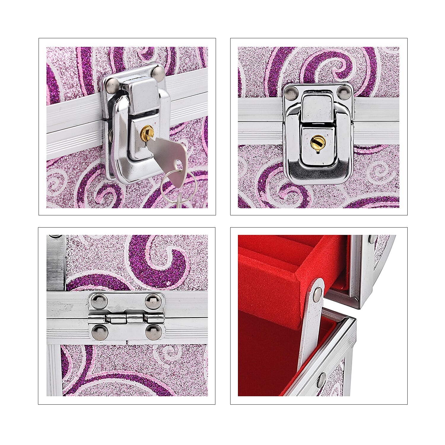 2 Layer Heart Pattern Aluminium Jewellery Organiser with Handle Lock and Inside Mirror - Purple