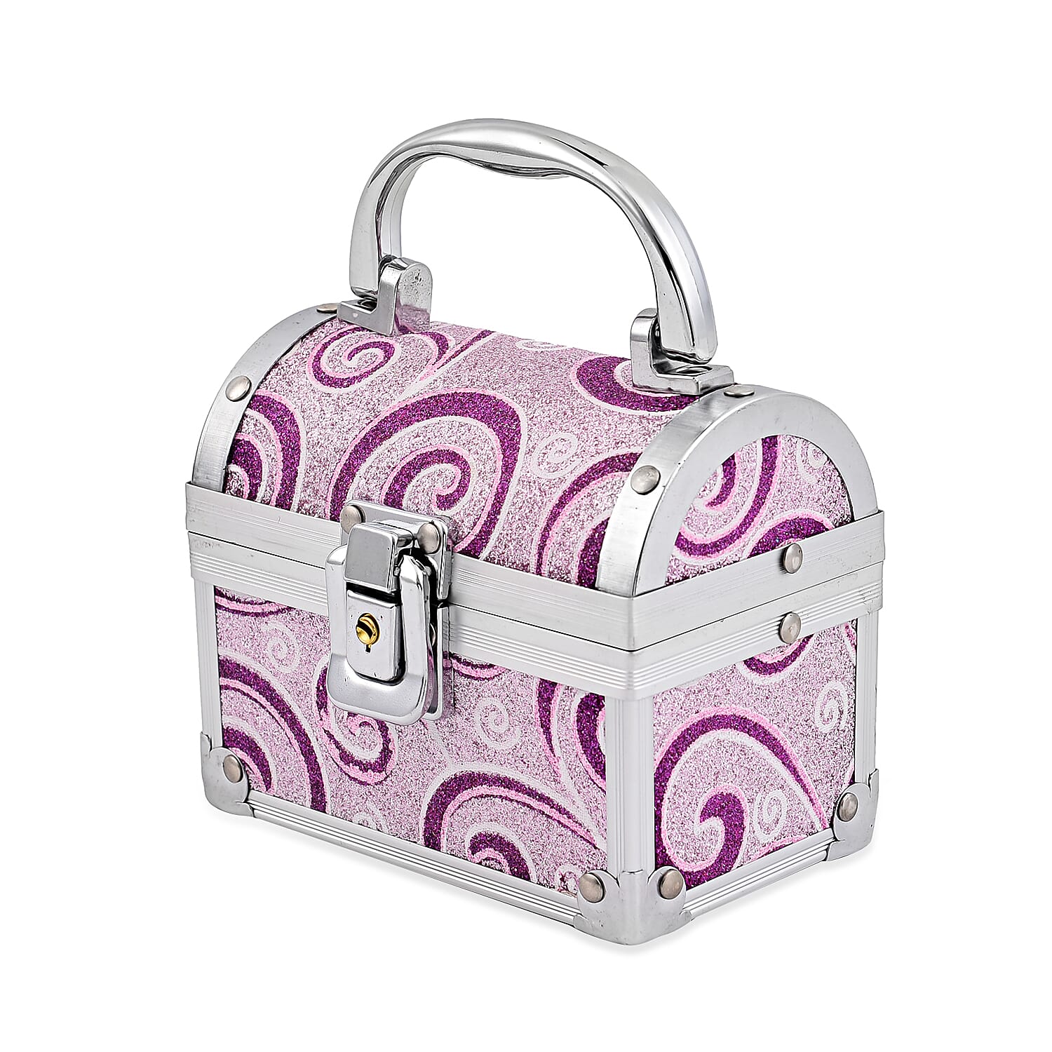 2 Layer Heart Pattern Aluminium Jewellery Organiser with Handle Lock and Inside Mirror - Purple