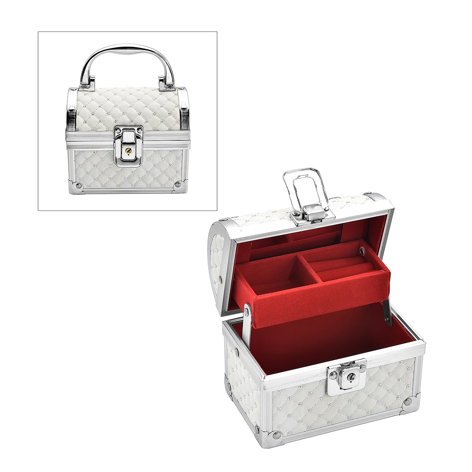 2 Layer Quilted Pattern Aluminium Jewellery Organizer with Handle, Lock and Inside Mirror - Cream