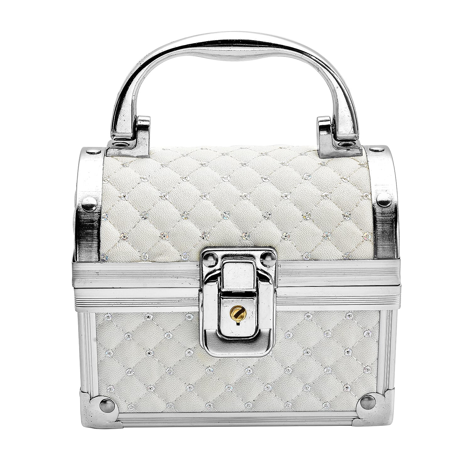 2 Layer Quilted Pattern Aluminium Jewellery Organizer with Handle, Lock and Inside Mirror - Cream