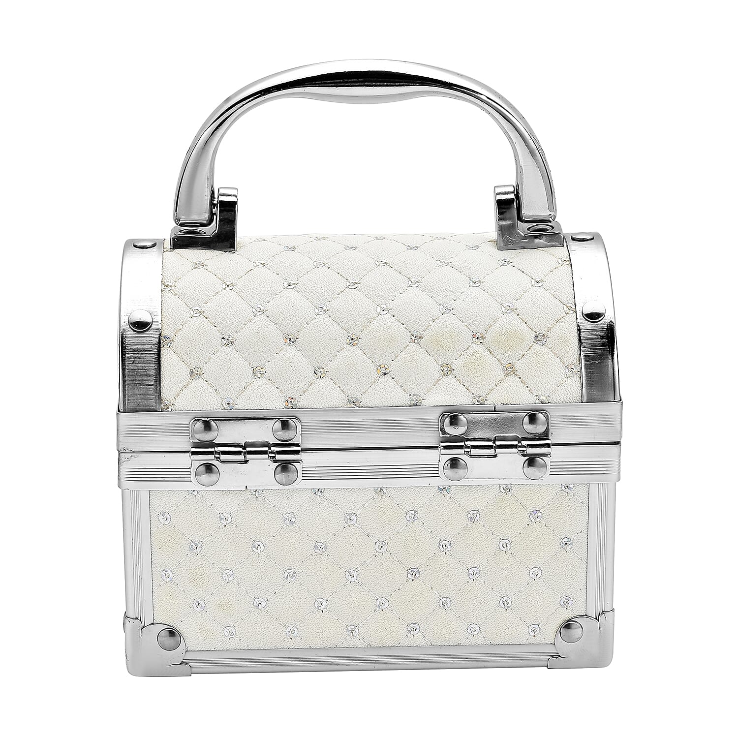 2 Layer Quilted Pattern Aluminium Jewellery Organizer with Handle, Lock and Inside Mirror - Cream