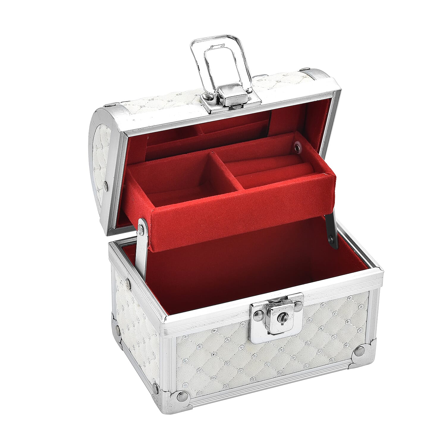 2 Layer Quilted Pattern Aluminium Jewellery Organizer with Handle, Lock and Inside Mirror - Cream