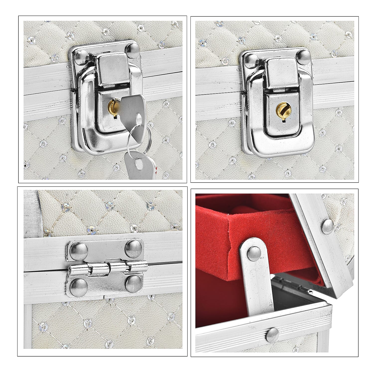 2 Layer Quilted Pattern Aluminium Jewellery Organizer with Handle, Lock and Inside Mirror - Cream