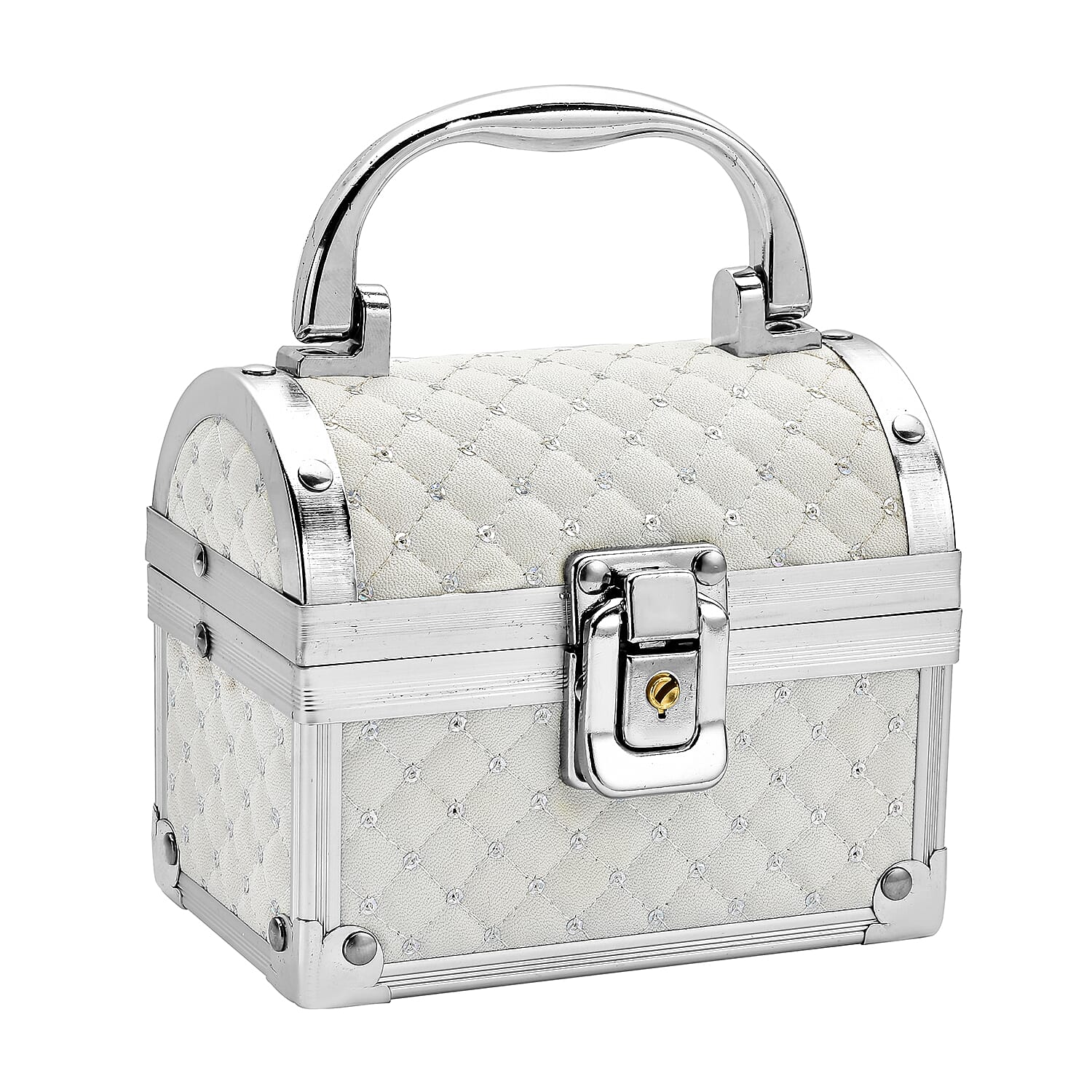 2 Layer Quilted Pattern Aluminium Jewellery Organizer with Handle, Lock and Inside Mirror - Cream