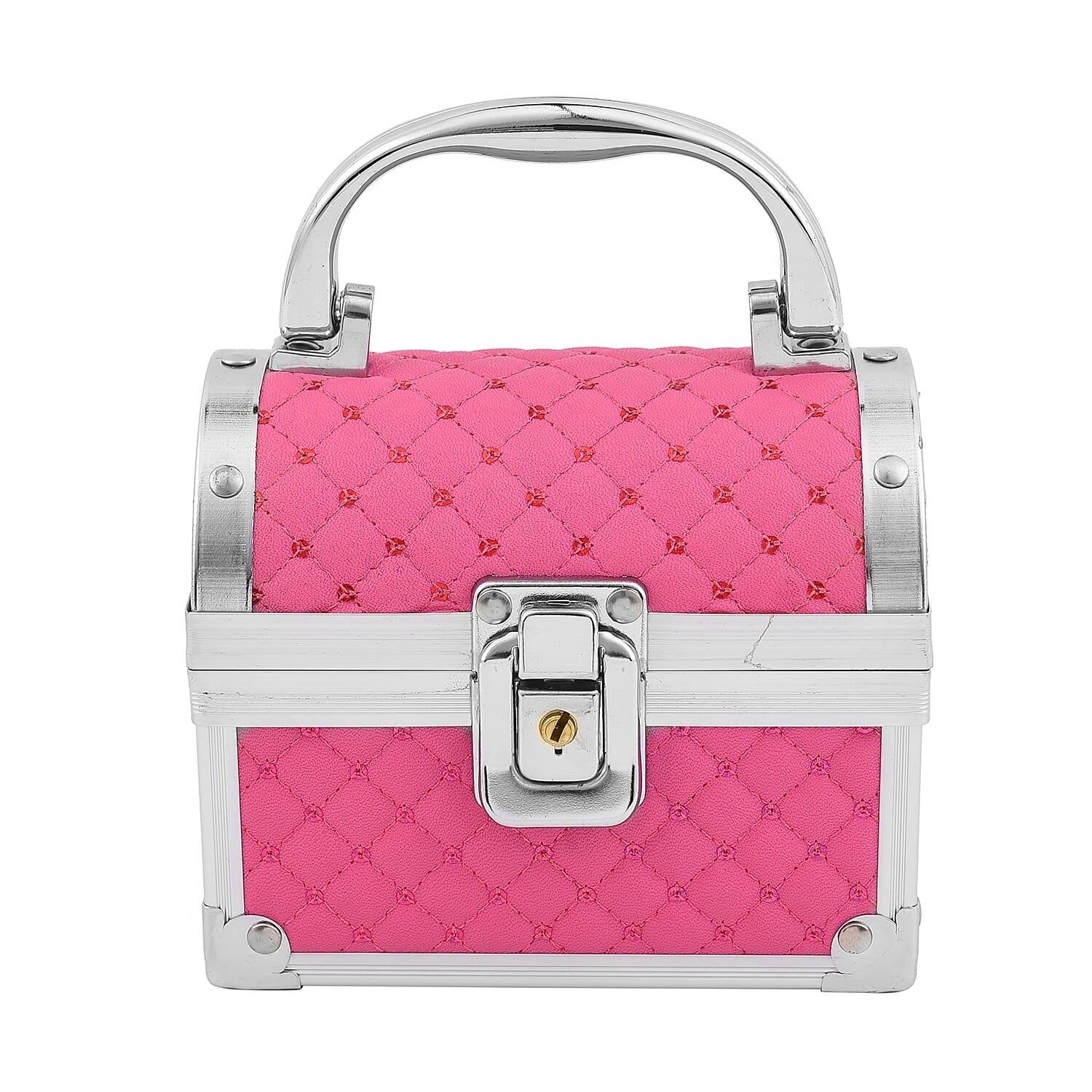 2 Layer Quilted Pattern Aluminium Jewellery Organiser with Handle, Lock and Inside Mirror (Size 12x10x7.5 Cm) - Rose Red