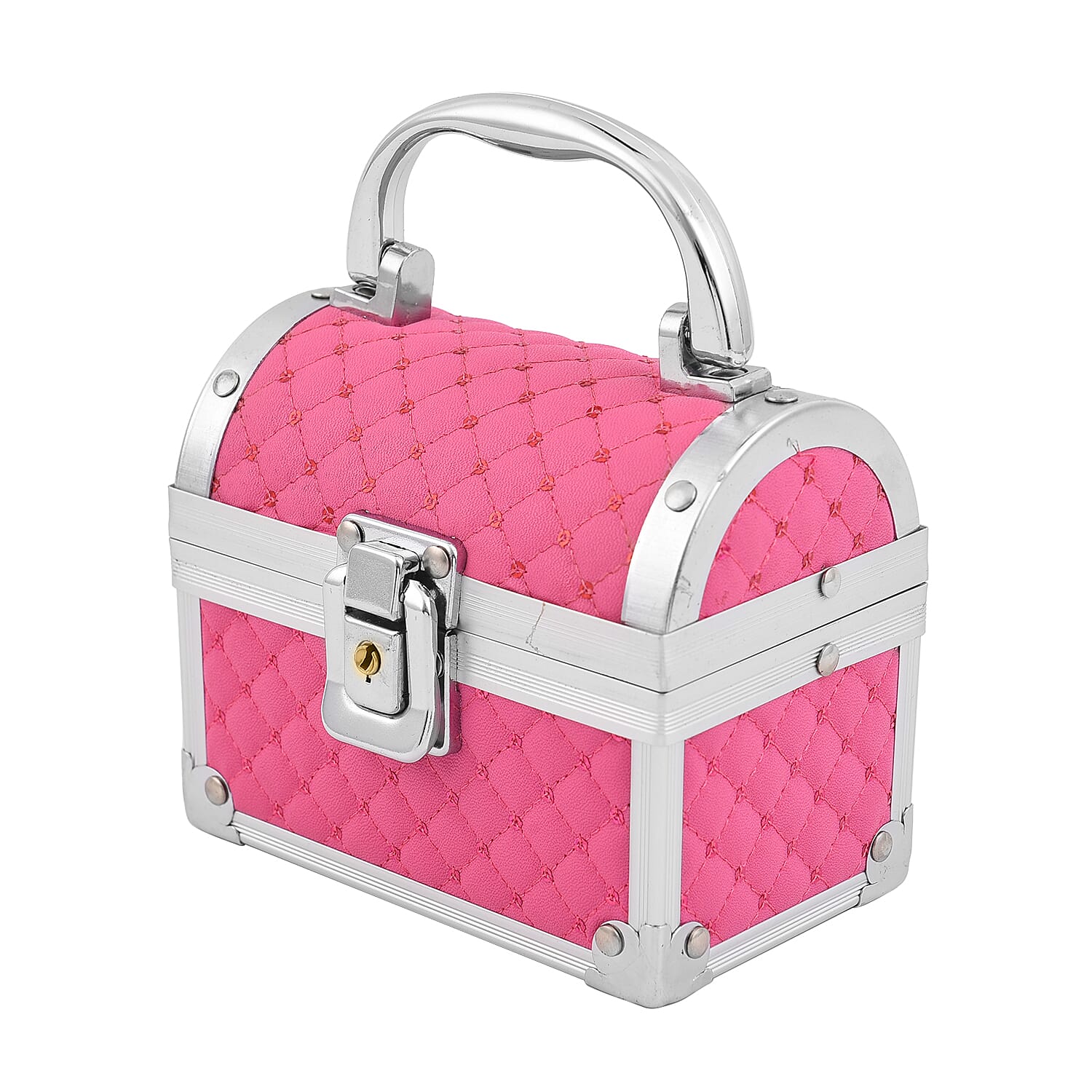 2 Layer Quilted Pattern Aluminium Jewellery Organiser with Handle, Lock and Inside Mirror (Size 12x10x7.5 Cm) - Rose Red