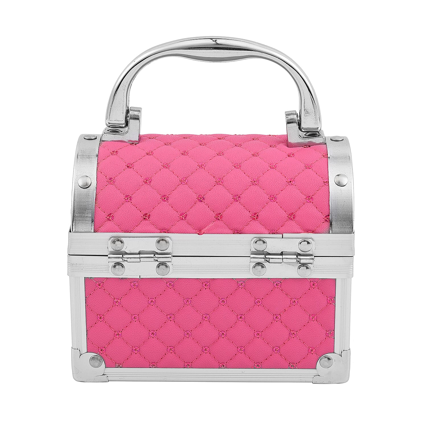 2 Layer Quilted Pattern Aluminium Jewellery Organiser with Handle, Lock and Inside Mirror (Size 12x10x7.5 Cm) - Rose Red