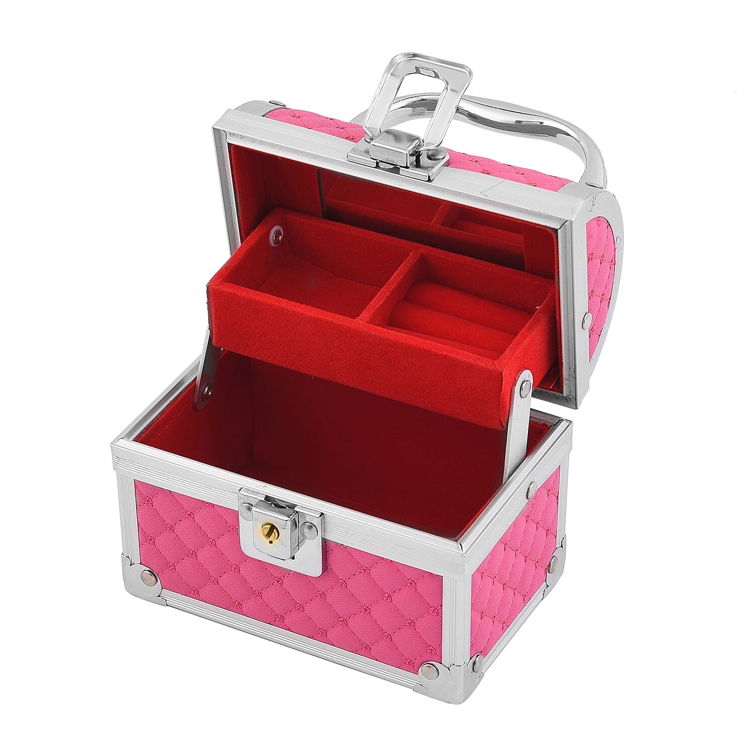 2 Layer Quilted Pattern Aluminium Jewellery Organiser with Handle, Lock and Inside Mirror (Size 12x10x7.5 Cm) - Rose Red