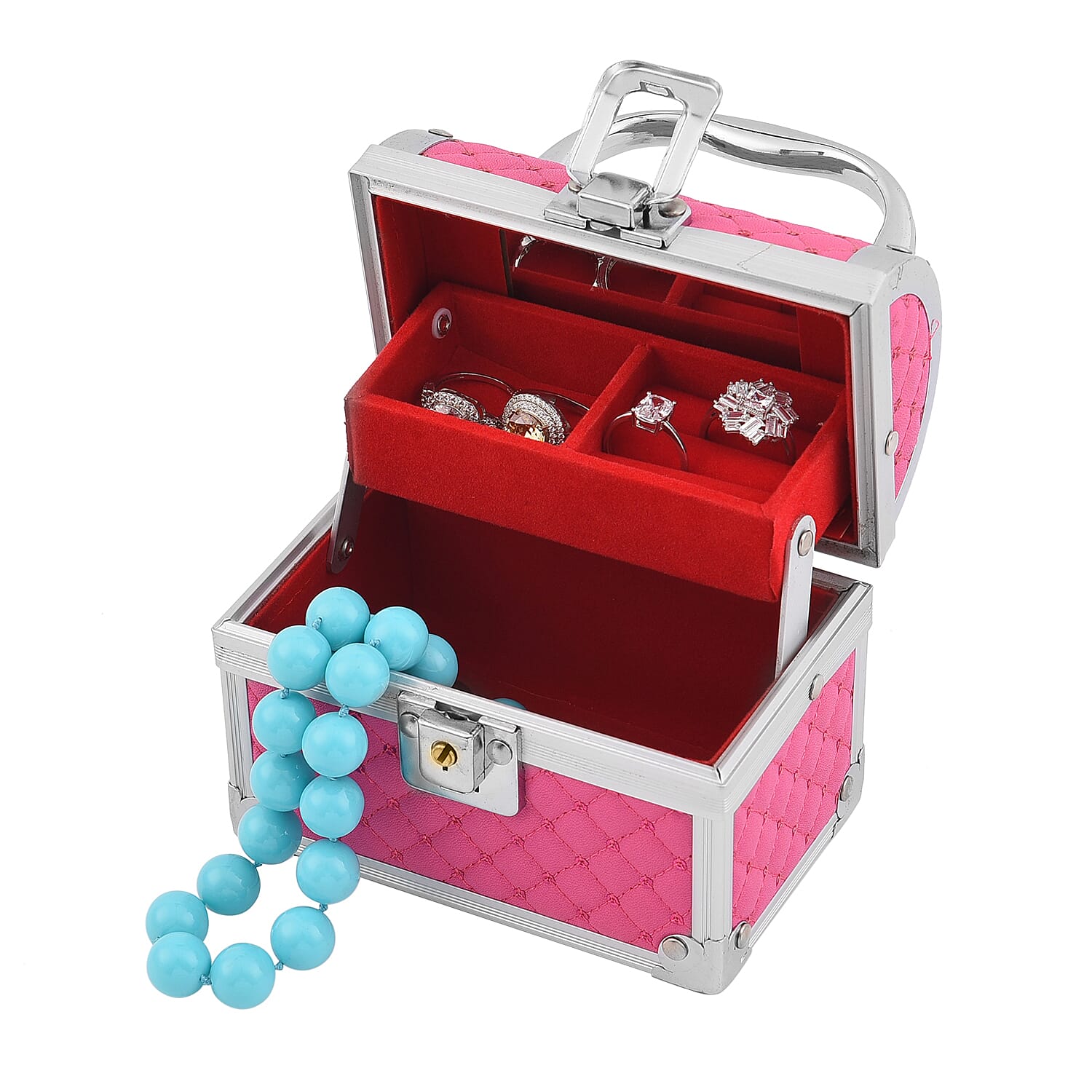 2 Layer Quilted Pattern Aluminium Jewellery Organiser with Handle, Lock and Inside Mirror (Size 12x10x7.5 Cm) - Rose Red