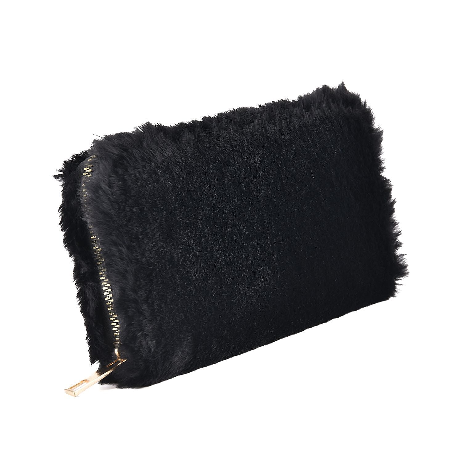 Faux Fur Long Size Wallet with Zipper Closure  Black