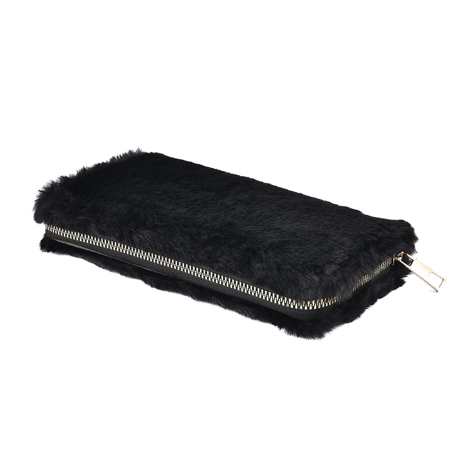 Faux Fur Long Size Wallet with Zipper Closure  Black