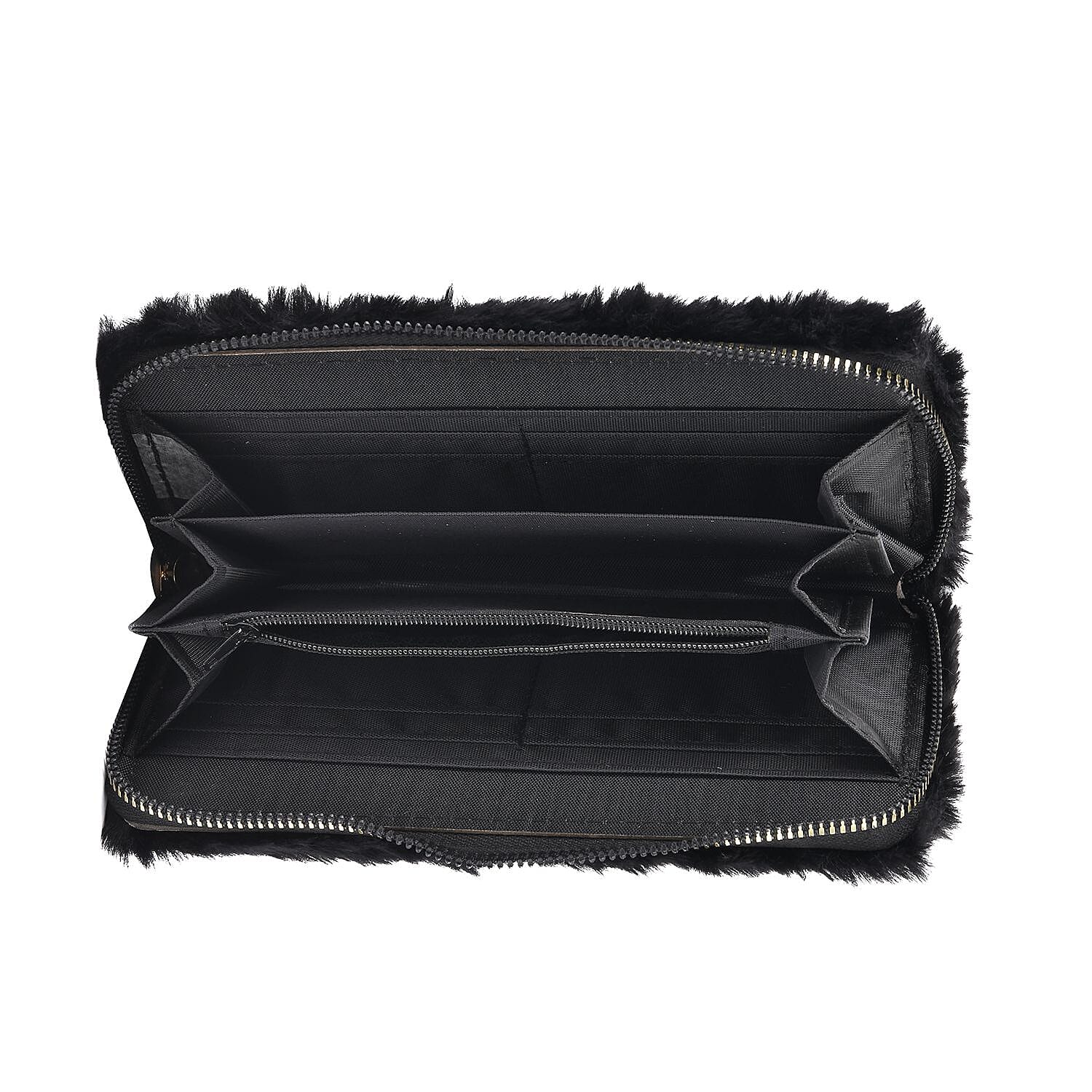 Faux Fur Long Size Wallet with Zipper Closure  Black