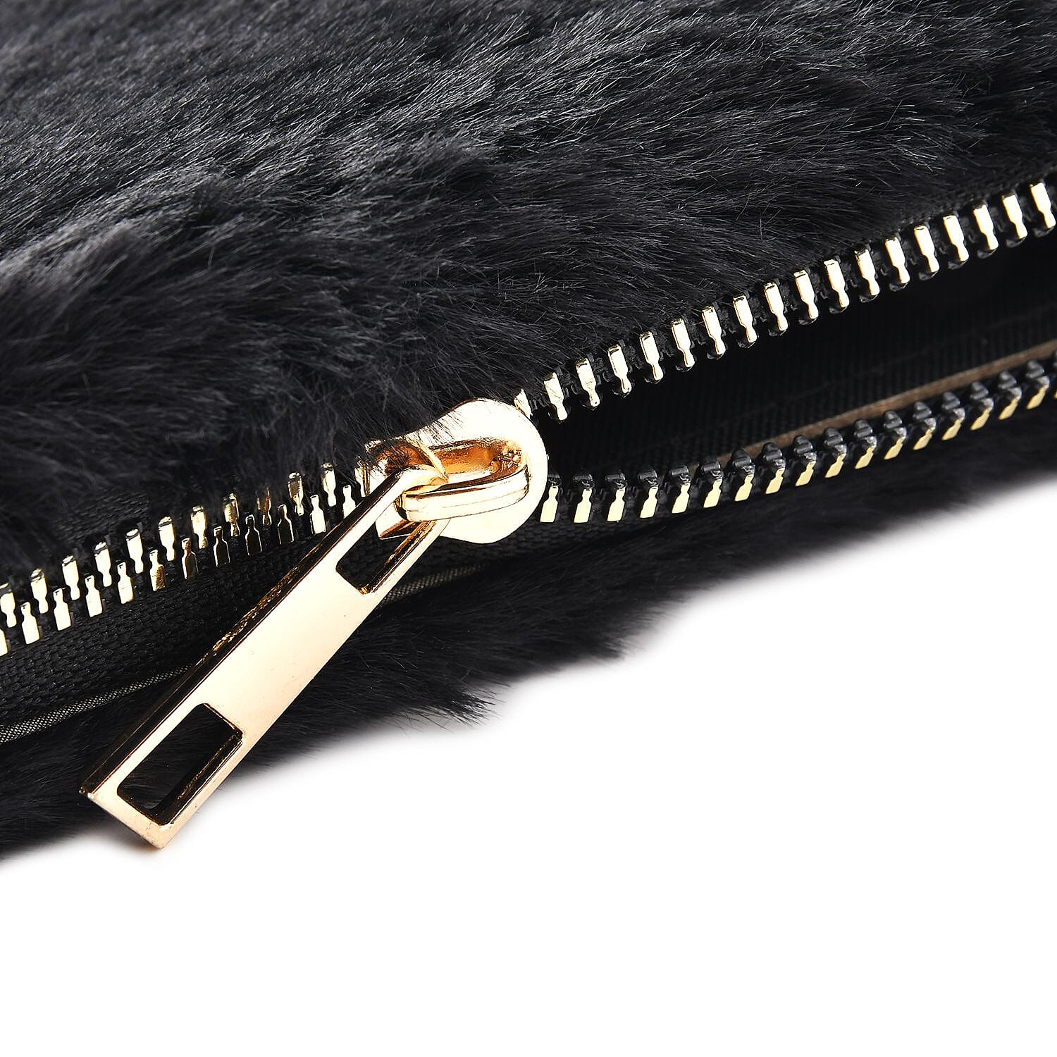 Faux Fur Long Size Wallet with Zipper Closure  Black