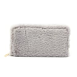 Faux Fur Long Size Wallet with Zipper Closure  Black